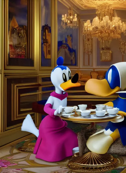 Image similar to jodie march and donald duck having tea at the ritz, octane render, cinematic, elegant, intricate, 8 k