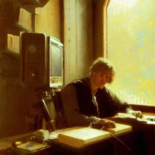 Image similar to portrait of isaac newton bulding a computer, artwork by gaston bussiere, craig mullins, trending on artstation