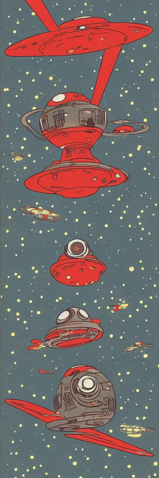 Image similar to a gigantic red eyed alien flying over a little US city, his cylindric wooden spaceship over him with multiple little colored lights around the spaceship, old graphic comics design, 1940's photography