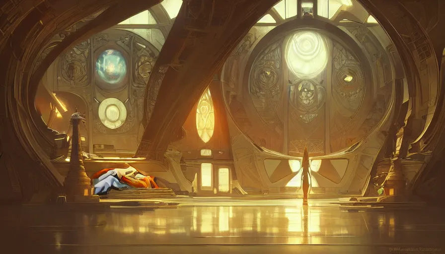 Image similar to a religious scifi room with a floating platform in the center, symmetrical shot, center framing, elegant, cinematic shot, intricate digital painting artstation concept art smooth sharp focus illustration, art by artgerm and greg rutkowski and alphonse mucha