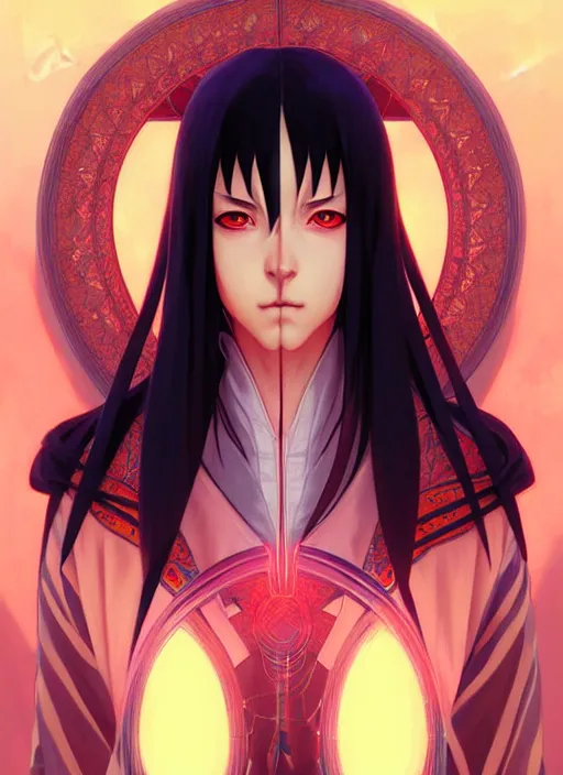 Image similar to symmetry!! itachi, glowing lights!! intricate, elegant, highly detailed, digital painting, artstation, concept art, smooth, sharp focus, illustration, art by artgerm and greg rutkowski and alphonse mucha