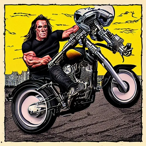 Image similar to thrash metal album cover with arnold schwarzenegger riding a motorcycle by ed repka