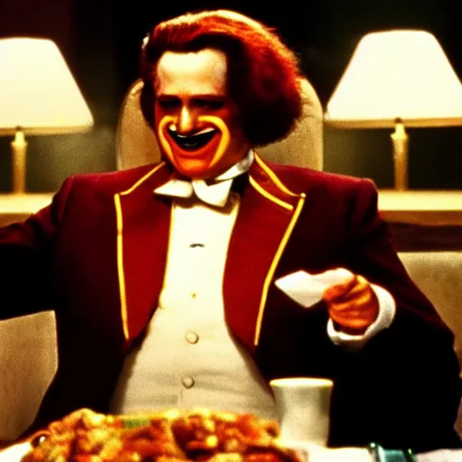 Image similar to A still of Ronald McDonald in The Godfather (1972)