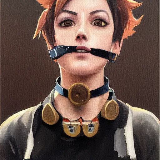 Image similar to oil painting of tracer overwatch in a field wearing spiked collar around neck, in style of greg rutkowski, expressive face, wearing choker, steel collar, steel choker, wearing collar on neck, detailed face, detailed eyes, full body, feminine face, tracer overwatch,