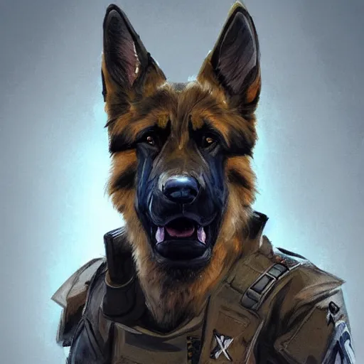 Image similar to a humanoid german shepherd beast - man in military style, sitting on the carpeted floor beside a bed, highly detailed portrait, digital painting, artstation, concept art, smooth, sharp foccus ilustration, artstation