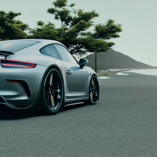 Image similar to porsche gt 3 in hawaii city, cinematic, 8 k, unreal engine 5