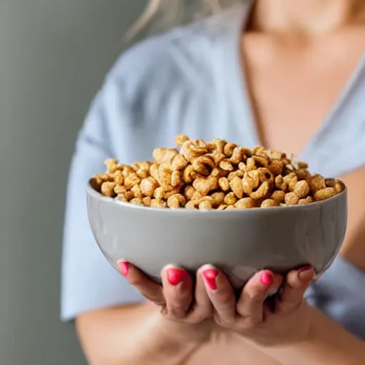 Prompt: a woman holding thunder in her hands over a bowl of cereal