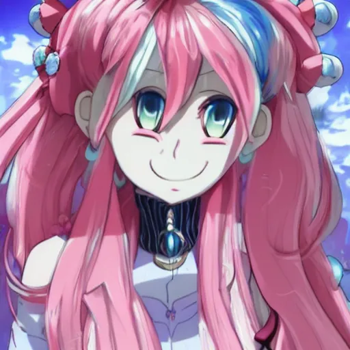 Image similar to stunningly beautiful omnipotent megalomaniacal anime goddess who looks like junko enoshima with porcelain skin, pink twintail hair and mesmerizing cyan eyes, symmetrical perfect face smiling in a twisted, mischievous, devious and haughty way while looking down upon the viewer and taking control, mid view, hyperdetailed, 2 d, 8 k