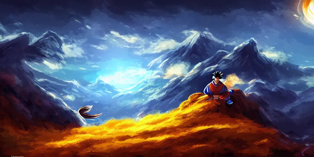 Image similar to son goku, mountain landscape, night sky, digital art, digital painting, celestial, majestic, playful, colorful