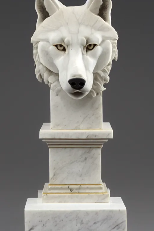 Image similar to a white marble bust of a wolf with gold filigree