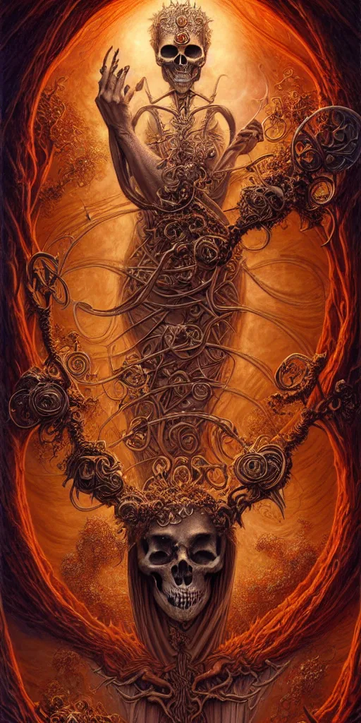 Image similar to A beautiful detailed orixa, tarot card, by tomasz alen kopera and Justin Gerard, symmetrical features, ominous, magical realism, texture, intricate, ornate, royally decorated, skull, skeleton, whirling smoke, embers, red adornements, red torn fabric, radiant colors, fantasy, trending on artstation, volumetric lighting, micro details, 3d sculpture, ray tracing, 8k, anaglyph effect