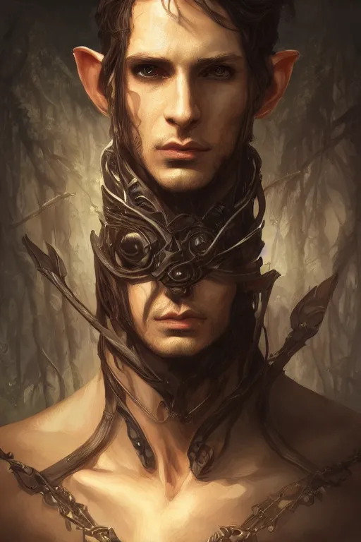 Prompt: portrait of male half - elf rogue, face, deep forest on whole background, dark fantasy, intricate, elegant, highly detailed, digital painting, artstation, concept art, smooth, sharp focus, illustration, art by artgerm and greg rutkowski and alphonse mucha, wlop