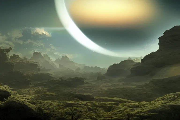 Image similar to Landscape of a beautiful alien world. Cinematic lighting. Photorealism.