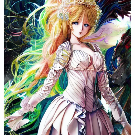 Image similar to exquisite imaginative fate manga poster of princess, long wavy hair, armor, ruffles, by shigenori soejima, minaba hideo, katsuhiro otomo, jump comics, fluorescent, illustration, artstation, dark fantastic, highly detailed, 8 k, maximalist