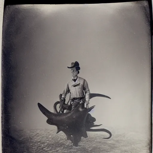 Image similar to underwater tintype photo of a cowboy riding a giant squid