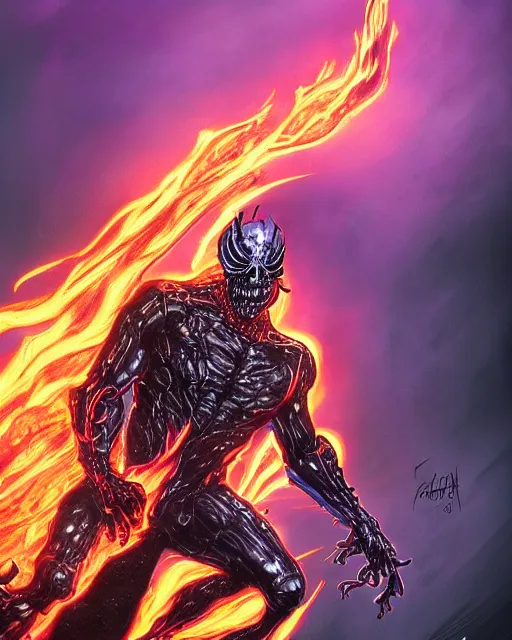 Image similar to ghost rider symbiote, purple and red variant, dynamic lighting, fantasy concept art, trending on art station, stunning visuals, creative, cinematic, ultra detailed, comic strip style