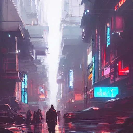 Image similar to very detailed masterpiece painting of a busy cyberpunk city street, portrait, artstation, concept art by greg rutkowski