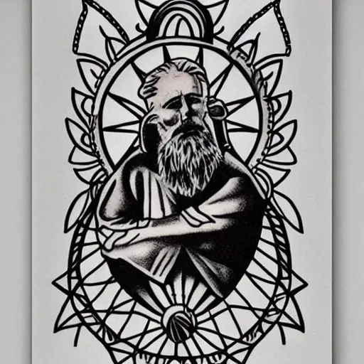 Image similar to tattoo design, stencil, a tarot card of a old man resting on a sword