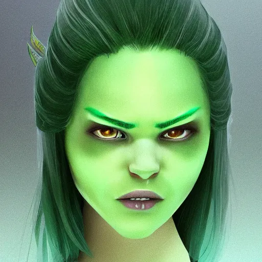 Prompt: character portrait of a green orc female, light green tone beautiful face by wei wang, trending on artstation