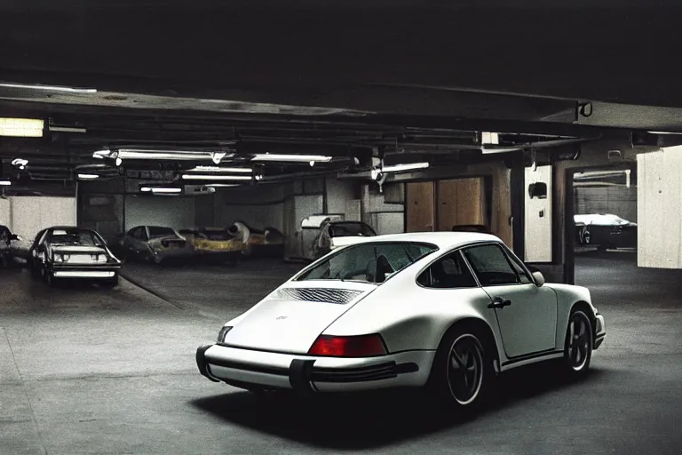 Image similar to a single 1 4 8 0 porsche 9 1 1, inside of a tokyo garage, ektachrome photograph, volumetric lighting, f 8 aperture, cinematic eastman 5 3 8 4 film, movie still from bladerunner