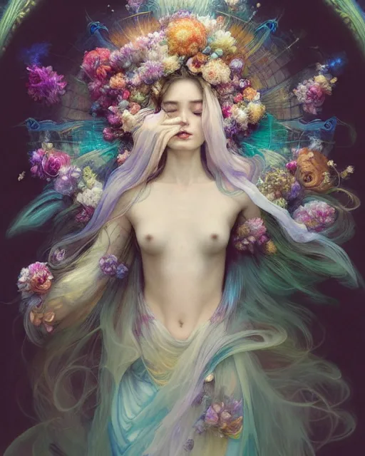 Image similar to Full View ultrarealistic Portrait ethereal fantasy deity wearing beautiful gown, flowers, spirituality, levitating, 4k digital masterpiece by Anna Dittman and Alberto Seveso Ruan Jia, rossdraws, artgerm and greg rutkowski and alphonse mucha and loish and WLOP, fantasycore, Hyperdetailed, fractals, scribble art, realistic digital painting, atmospheric, fireflies, soft lighting, featured on Artstation