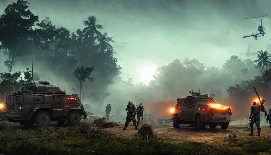 Image similar to a militarized police vehicle riding through a kerala village, troops searching the area, furious action scene, an epic fantasy, dramatic lighting, cinematic, establishing shot, extremely high detail, photorealistic, cinematic lighting, artstation, matte painting, octane render, by simon stalenhag, shadow of the tomb raider, diorama