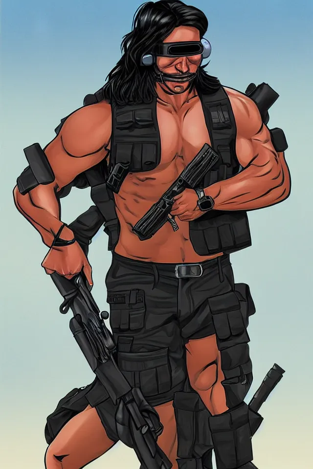 Image similar to muscular man, black vest with no shirt underneath, goggles around his neck, cargo pants, ammo belt, holding a blaster, long black hair in a ponytail, five o' clock shadow, comic book art, full body shot