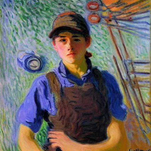 Image similar to portrait of a young butch female mechanic by claude monet