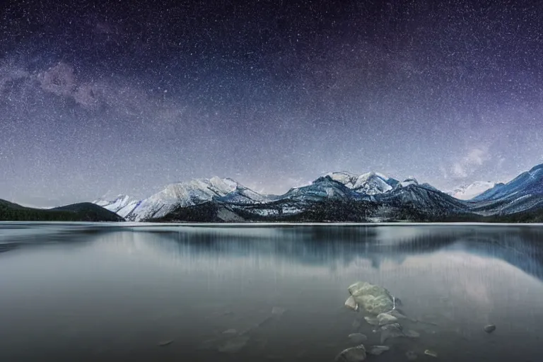Prompt: beautiful nighttime landscape photography of the Rocky Mountains with a crystal blue lake, hyper detailed andromeda galaxy sky, serene, dramatic lighting, hyperrealist reflections on the water surface, wide angle lens