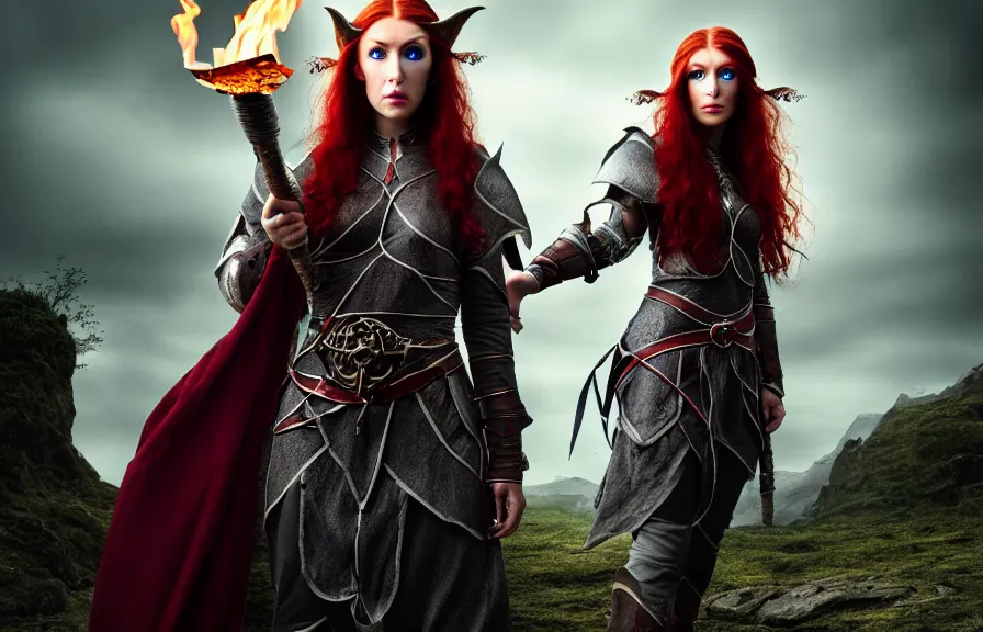 Image similar to 8 k uhd an elven priestess with grey eyes and red hair wearing an armor and casting a fire spell in a dungeon,