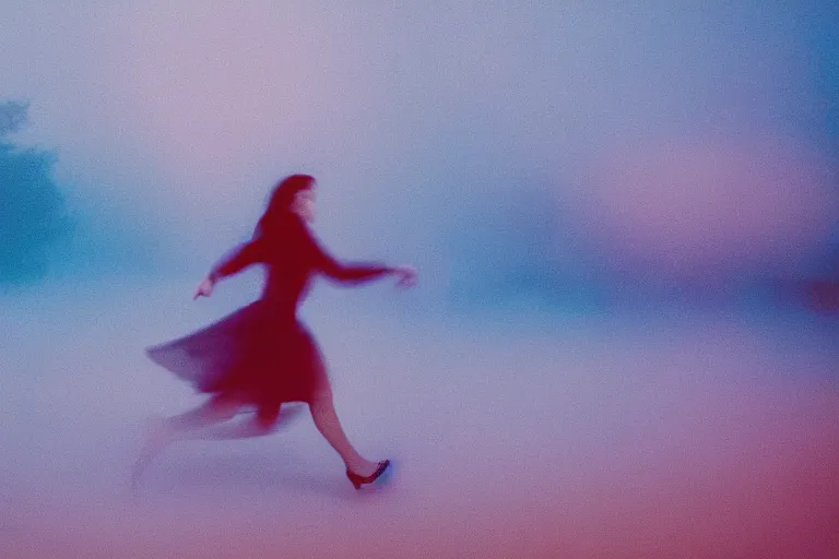Prompt: film photography, minimalism, close up woman with bright lipstick running in the blue fog, low shutter speed, 35mm, motion blur