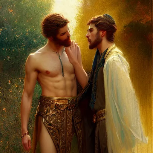 Prompt: attractive fully clothed king confesses his love for his attractive fully clothed male prince. highly detailed painting by gaston bussiere, craig mullins, tom bagshaw,