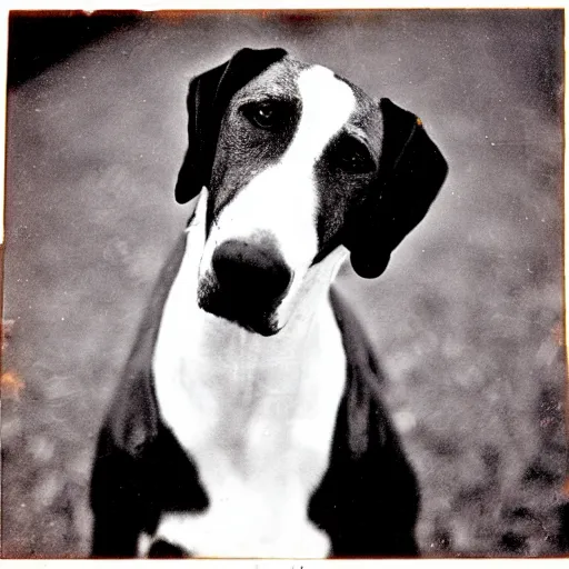 Image similar to photo of a hound dog with red eyes, vintage camera