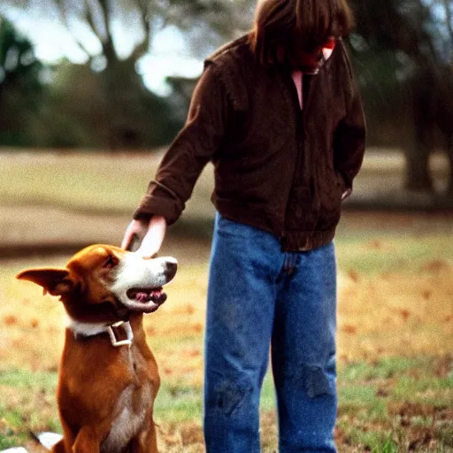 Image similar to film still from the 1995 movie 'My Dog Is A Psychopath'. The owner confront his crazy dog. Sigma 85mm f/8