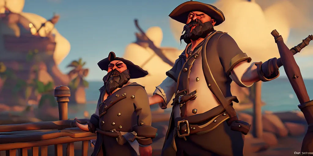 Image similar to a merchant character from sea of thieves, grand maritime union in sea of thieves, sea of thieves screenshot, unreal engine, digital art, storm