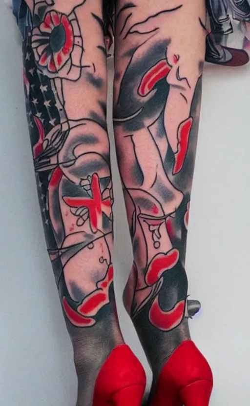 Prompt: traditional American tattoo of black haired pinup girl wearing heels, red lipstick