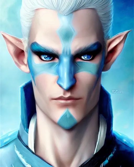 Prompt: character portrait of a slender young half elven man with white hair, piercing turquoise blue eyes, and pale blue skin, wearing sleek pearlescent black armor, by greg rutkowski and mark brookes and jim burns and tom bagshaw and magali villeneuve, trending on artstation