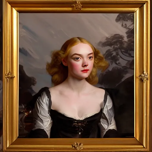 Prompt: leyendecker and peter paul rubens, head and shoulders portrait of a elle fanning, nighttime, dark starry sky, candlelit, unreal engine, fantasy art by global illumination, radiant light, detailed and intricate environment