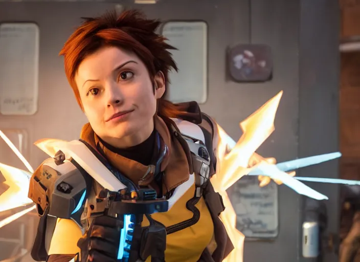 Prompt: a film still of a a woman called tracer from overwatch in doctor who