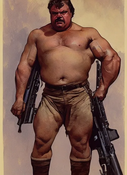 Image similar to gk chesterton as a buff action hero with muscles and a shotgun. portrait by james gurney craig mullins and alphonso mucha. realistic face. expressive.