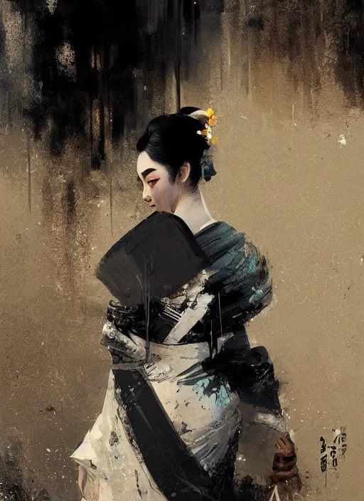 Image similar to female geisha girl, beautiful face, rule of thirds, intricate outfit, spotlight, by greg rutkowski, by jeremy mann, digital painting