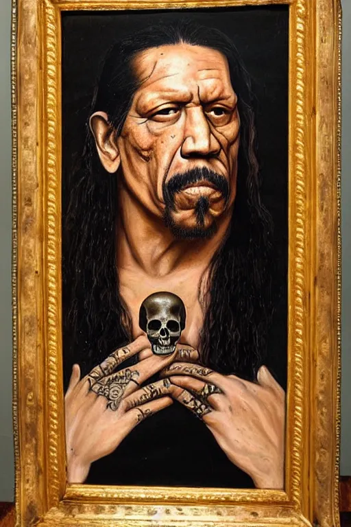 Prompt: a 1 6 0 0 s framed portrait painting of danny trejo holding a skull, intricate, elegant, highly detailed