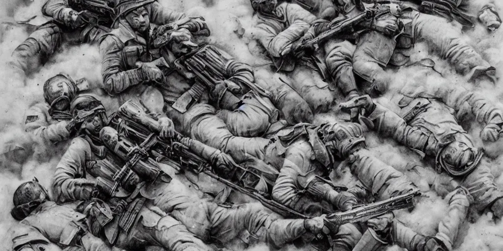 Prompt: russian troopers die from cotton wool, blood, hyper detailed sharpen