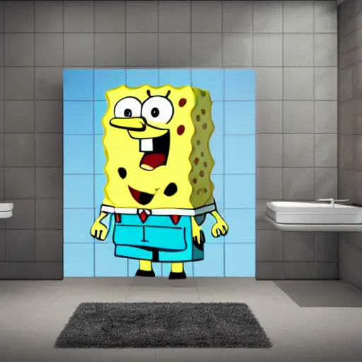 Image similar to spongebob standing in large shower, 4 k realistic photo