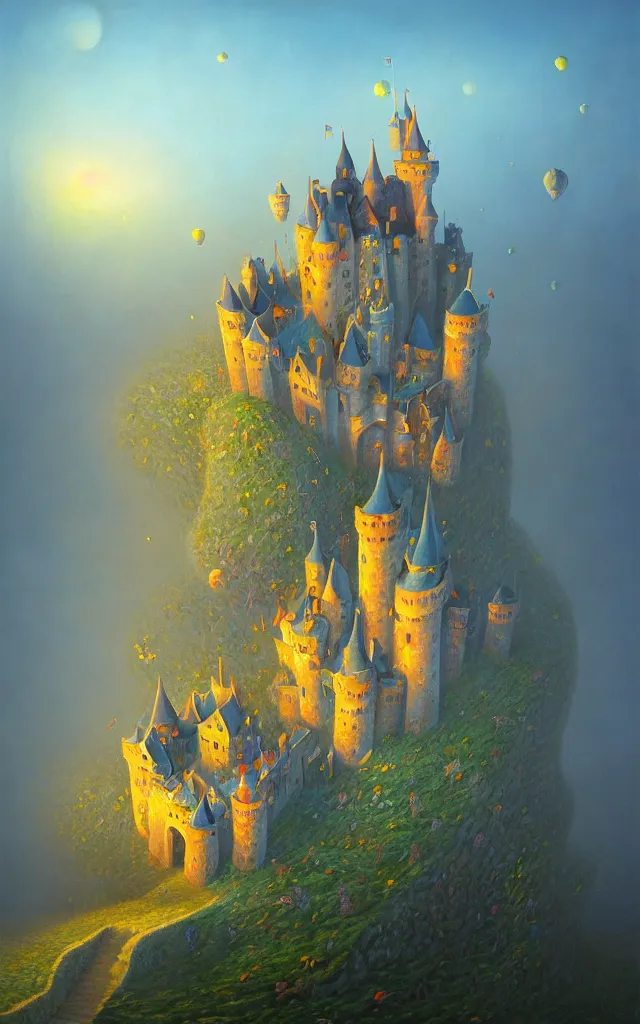 Image similar to close view of a castle an oil on canvas portrait painting of world castle happy place, volumetric light godray, surrealism, surrealist, impossible geometry, rob gonsalves, high detail fantastic gediminas pranckevicius