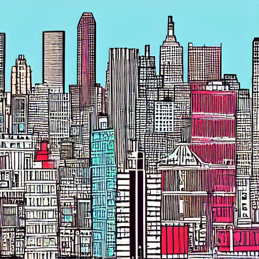 Prompt: drawing of city skyline in the style of Wesley Willis