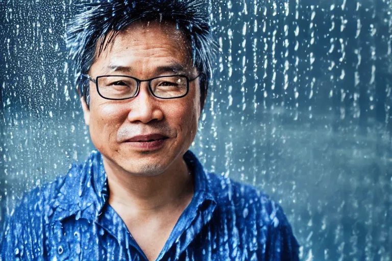 Prompt: a cinematic studio headshot portrait of a middle aged asian man, through a fogged up window, movie still, blue color theme, waves, rain, dramatic lighting, back light, hair light, rim light, 4 k, ultra realistic, by annie leibovitz