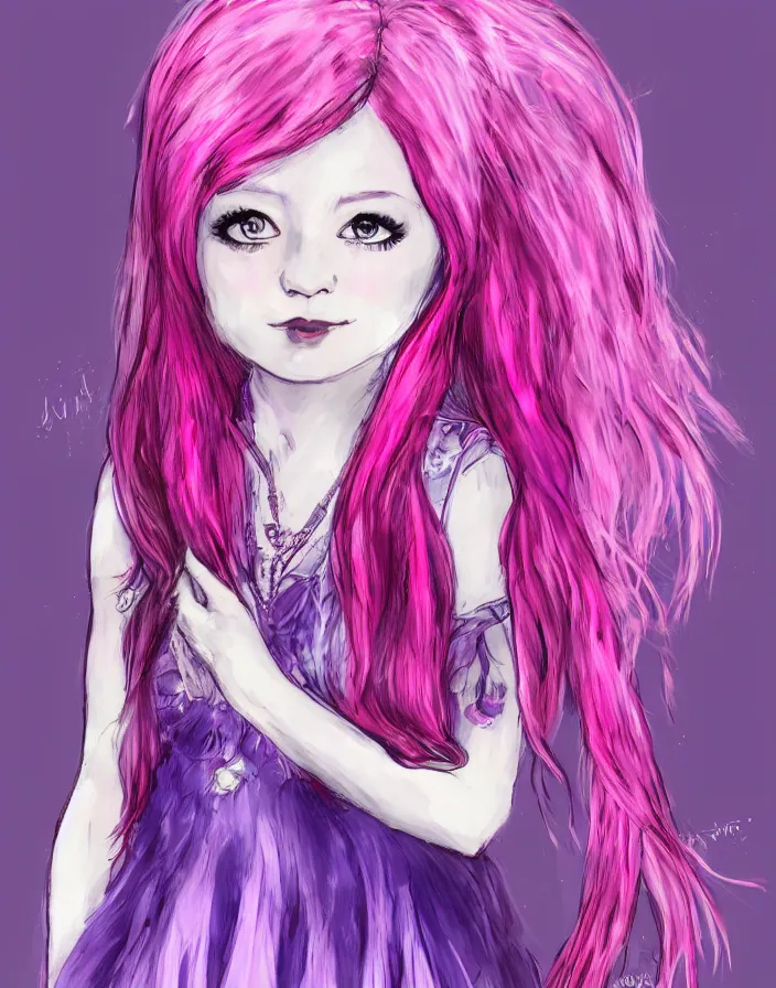 Image similar to little girl with eccentric pink hair wearing a dress made of purple feather, art by dcwj