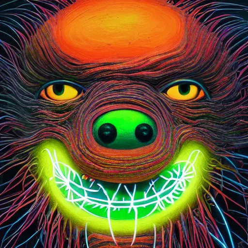 Prompt: a tennis ball monster starring into the camera, fixed eyes, flowing black coat with glowing neon orange trim, inside a museum, colorful, surreal, dramatic lighting, face, detailed, intricate, elegant, highly detailed, digital painting, artstation, concept art, smooth, sharp focus, illustration, art by sam spratt, dan mumford, artem demura and alphonse mucha