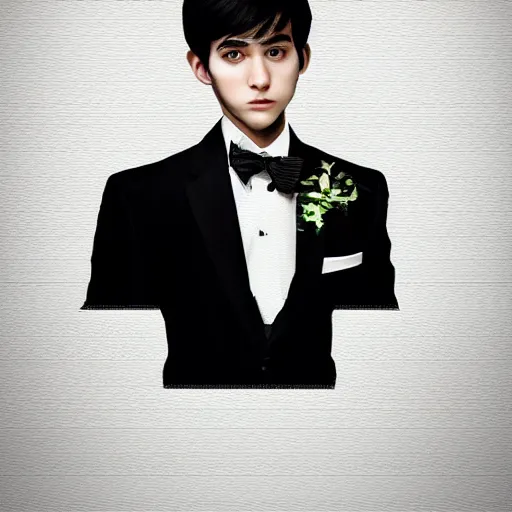 Image similar to 1 6 year old black suit white shirt, black bowtie, black haired royal garment man, determined, fearless, sharp looking portrait, digital art